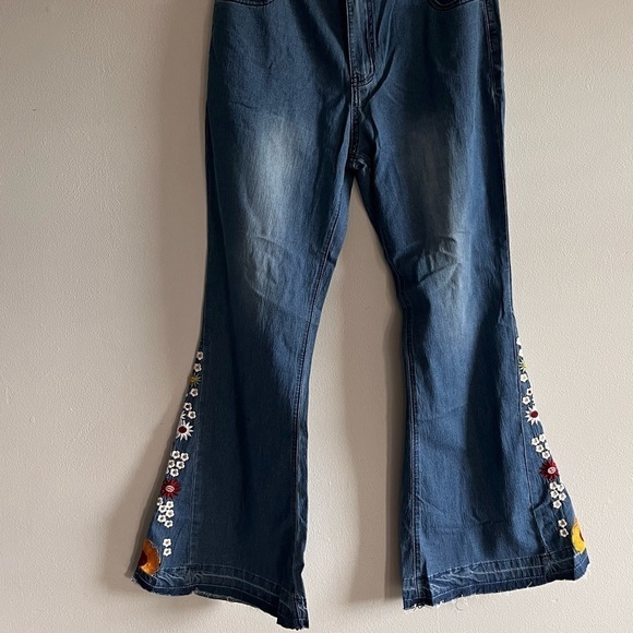 Bohemian High Waister Floral Embroidered Flare Blue Denim Jeans Extra Large - Picture 10 of 11